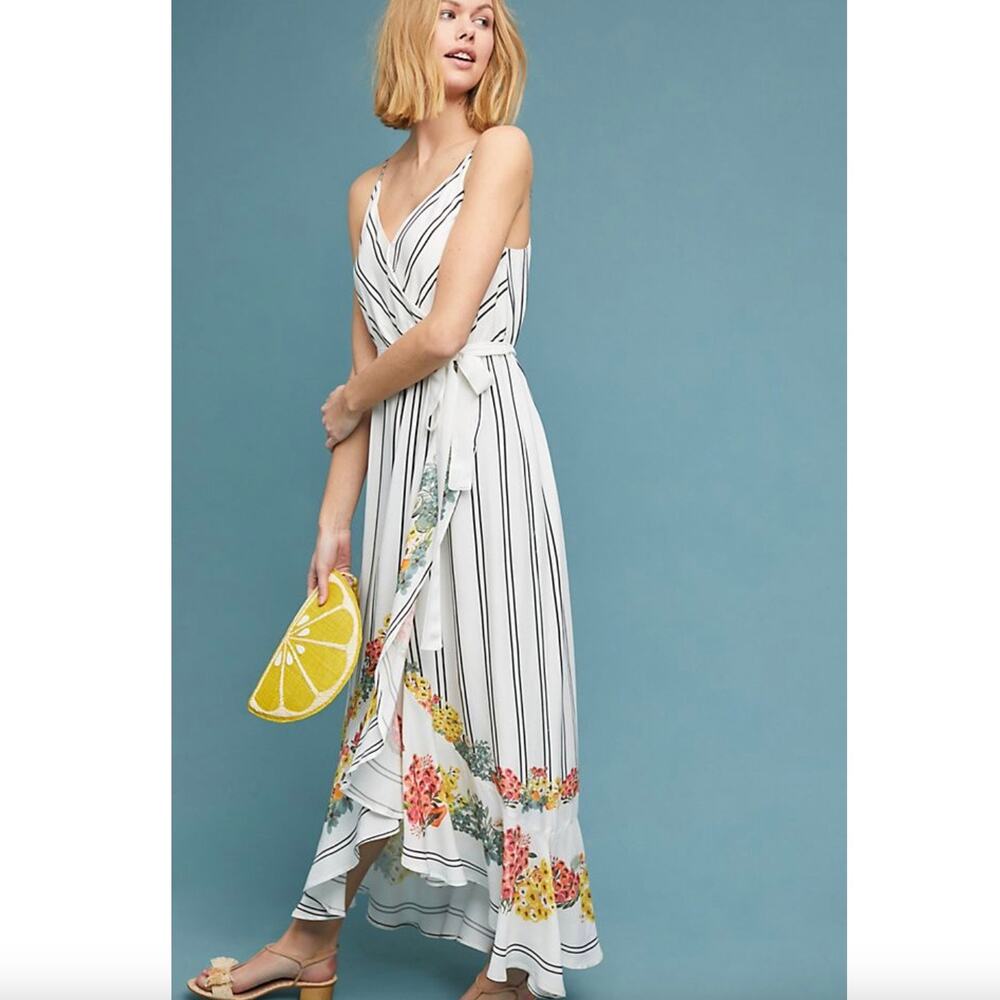 Farm Rio Kasai Faux Wrap Dress Floral Striped Sleeveless White Black Size XS